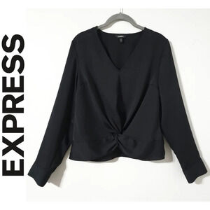 ✨️4/$20. Black Chiffon Long Sleeve Cropped Dress Shirt with Faux Knot Front, M